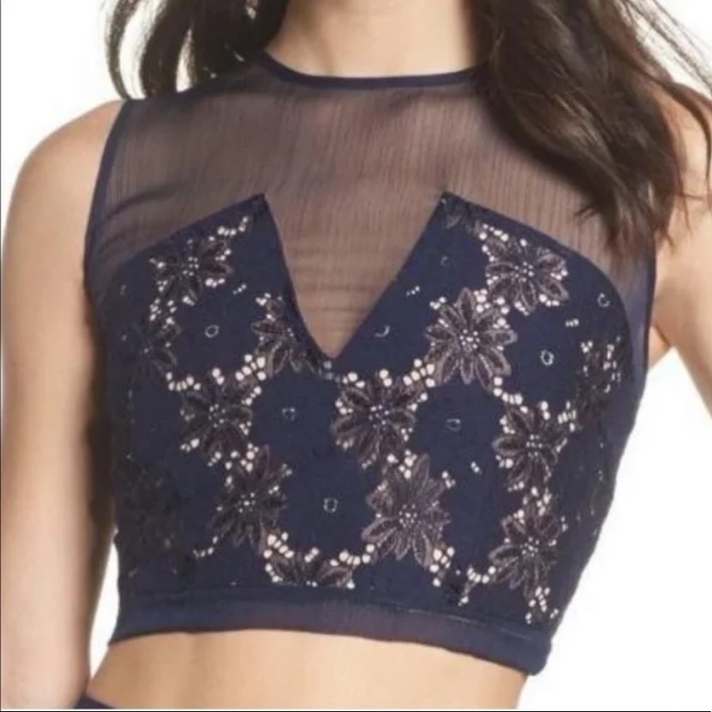 Foxiedox Navy Blue Lace Sheer Crop Top Size Large